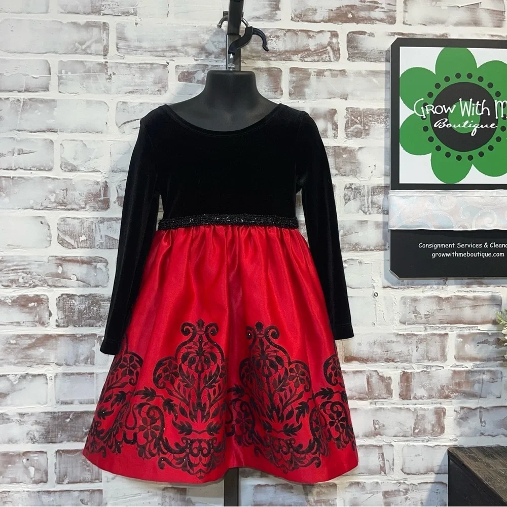 Rare editions Black and Red Velvet Dress with embellished Skirt 2T